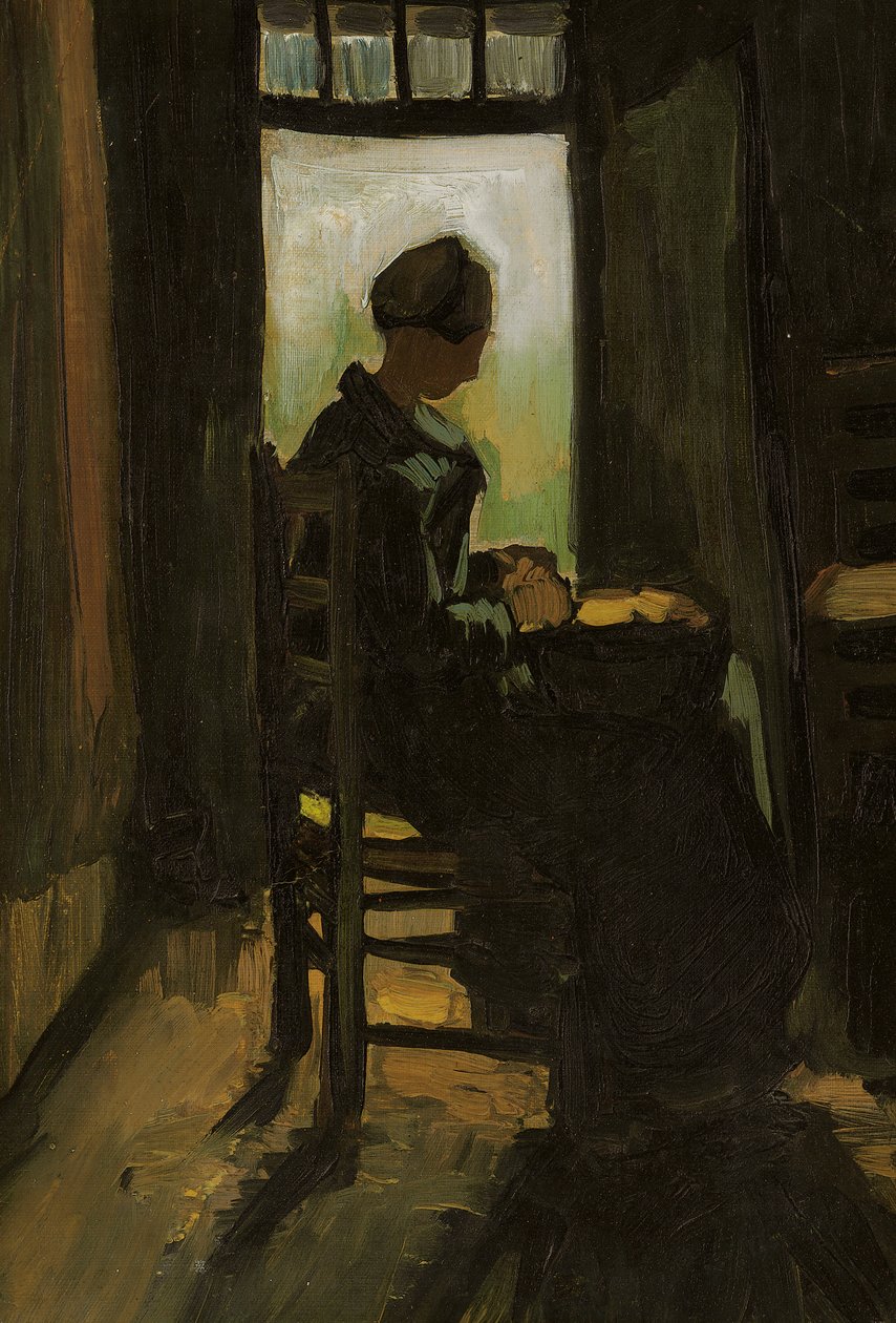 开门前坐着的女人，削土豆皮，1885年 作者 文森特·梵高
