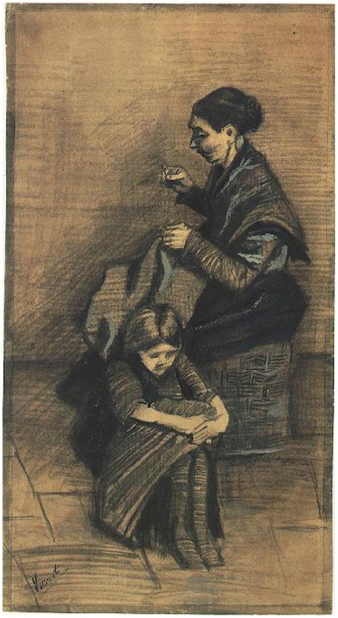 Sien，-Sitting-on-a-Basket，-with-a-Girl F1072 Vincent van Gogh 作者 文森特·梵高