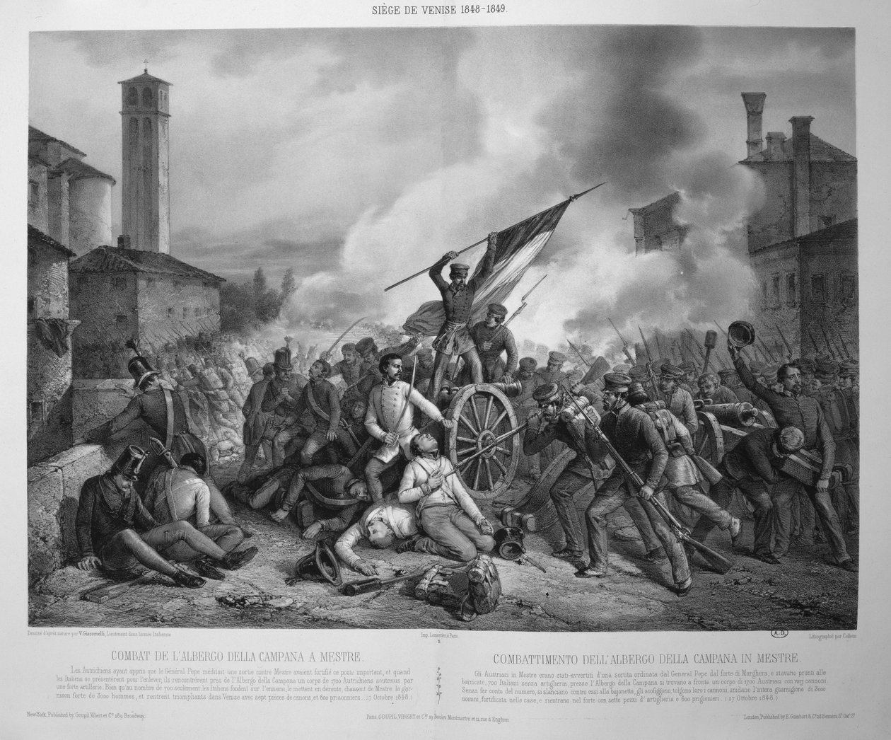1848年10月27日，在1848-9年围攻威尼斯期间，位于梅斯特雷的阿尔贝戈-德拉-坎帕纳战役（石印）。 作者 文森佐（后）贾科梅利