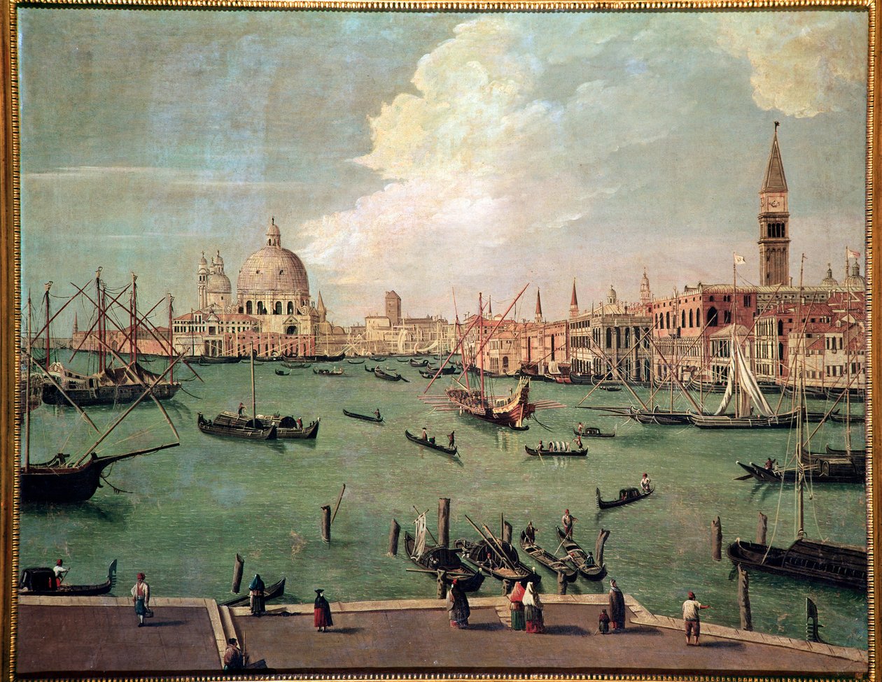 威尼斯圣马可盆地的景色，背景是圣玛丽亚德拉礼炮大教堂 Vincenzo Chilone (1758-1839) 绘画，暗淡 100x135 厘米威尼斯，Museo Correr，n 151 作者 文森佐·基洛（Vincenzo Chilone）