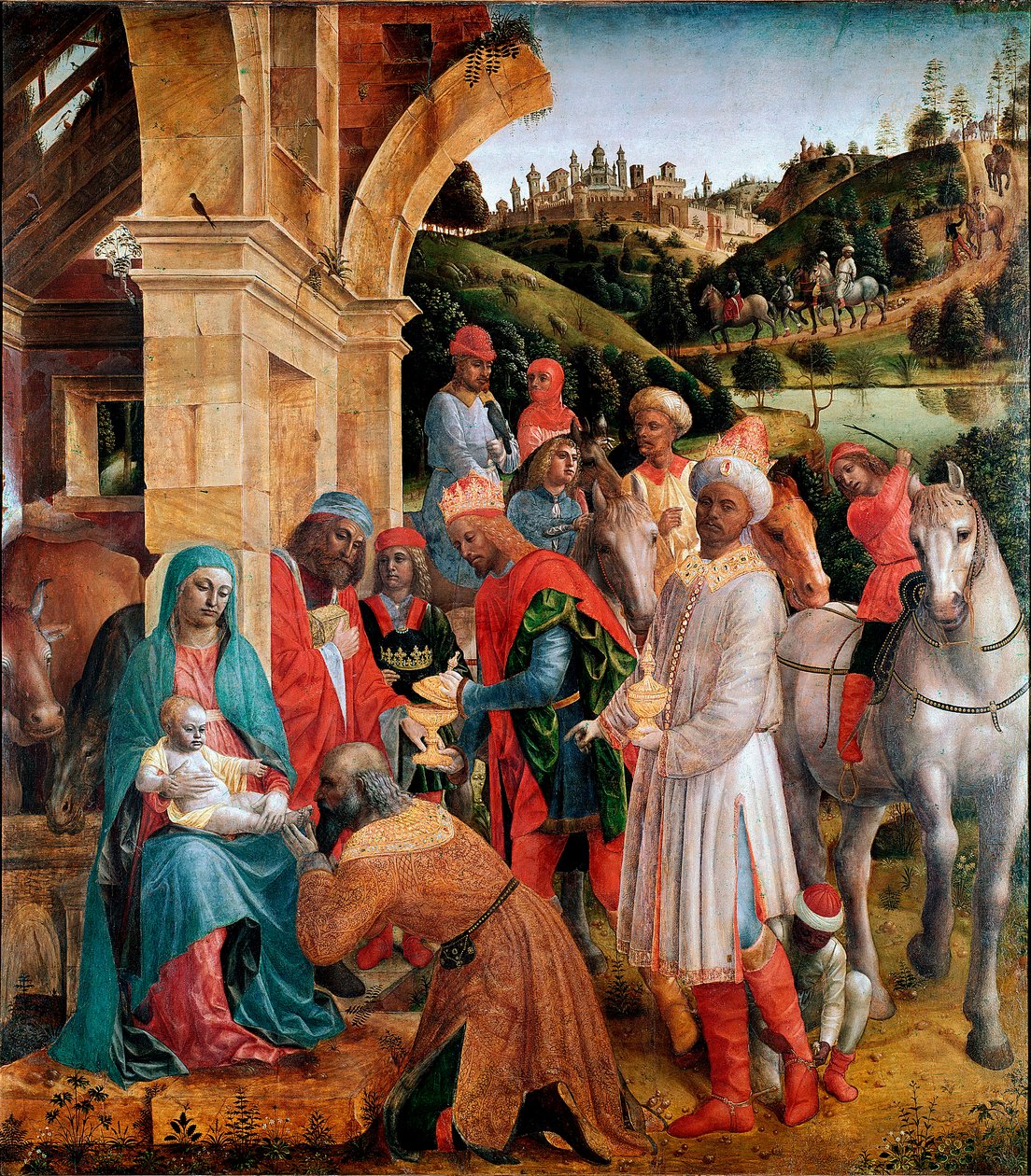 文森佐·福帕 (Vincenzo Foppa)（约 1427-1515 年）的《贤士的崇拜》画作 239x210 厘米伦敦，国家美术馆 - 国王的崇拜，文森佐·福帕 (Vincenzo Foppa) （c.1427-c.1515）。 杨树油画，239x210 厘米，约 1500 年。 国家美术馆，伦敦，英国 作者 文森佐·福帕（Vincenzo Foppa）