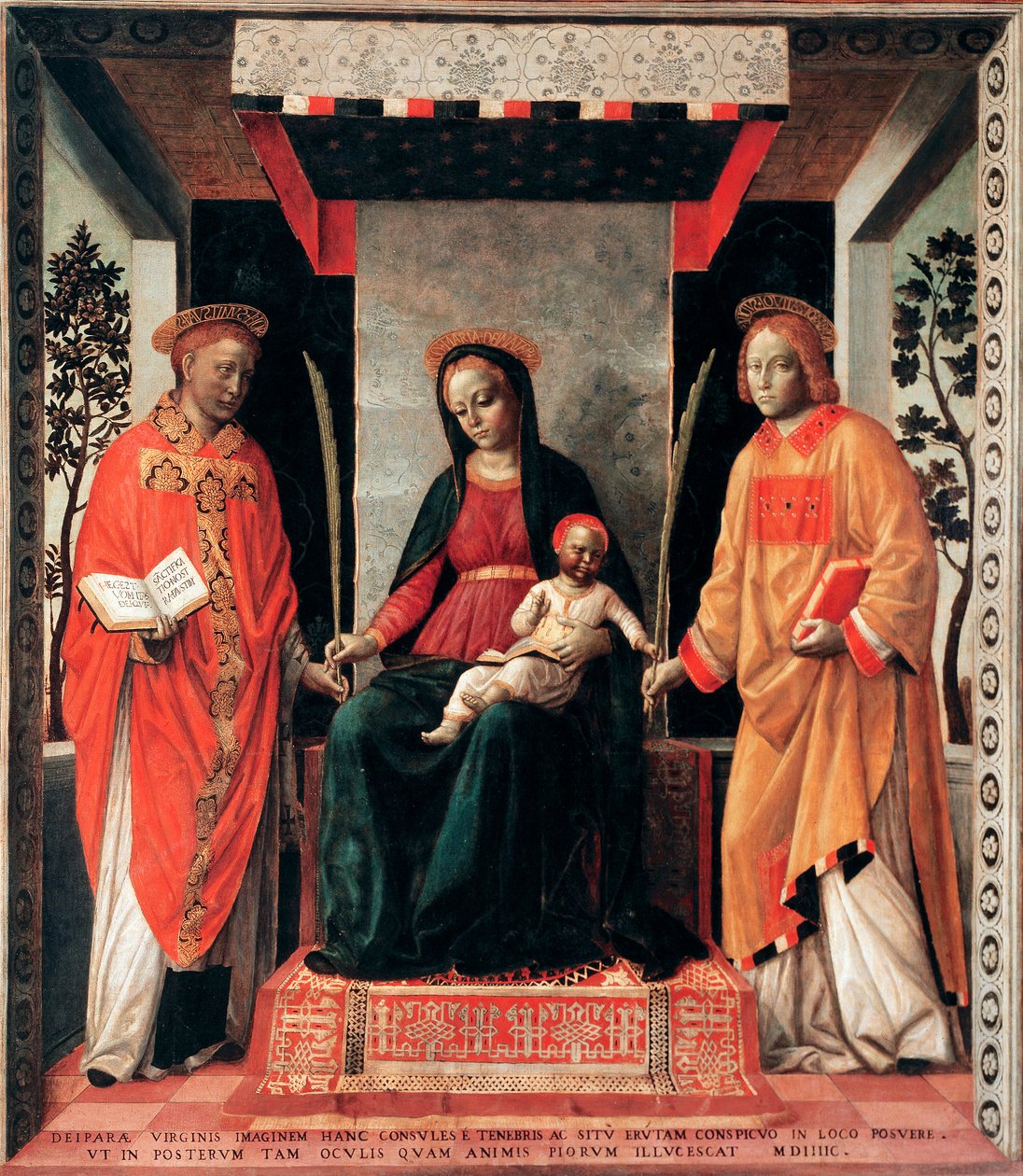 Virgin and Child 被 Saints Faustin 和 Giovita 包围（布雷西亚的 Faustino 和 Giovita 赞助人） Vincenzo Foppa 的绘画（约 1427-约 1515 年）布雷西亚，Pinacoteca Tosio Martinengo 意大利 作者 文森佐·福帕（Vincenzo Foppa）
