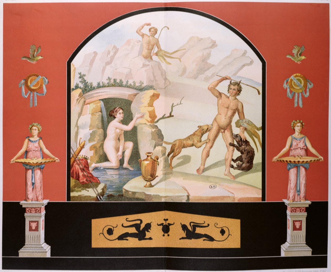 Actaeon在她的巴斯发现了女神戴安娜，在庞贝城的Sallust House重建了一幅壁画 作者 文森佐·洛里亚（Vincenzo Loria）