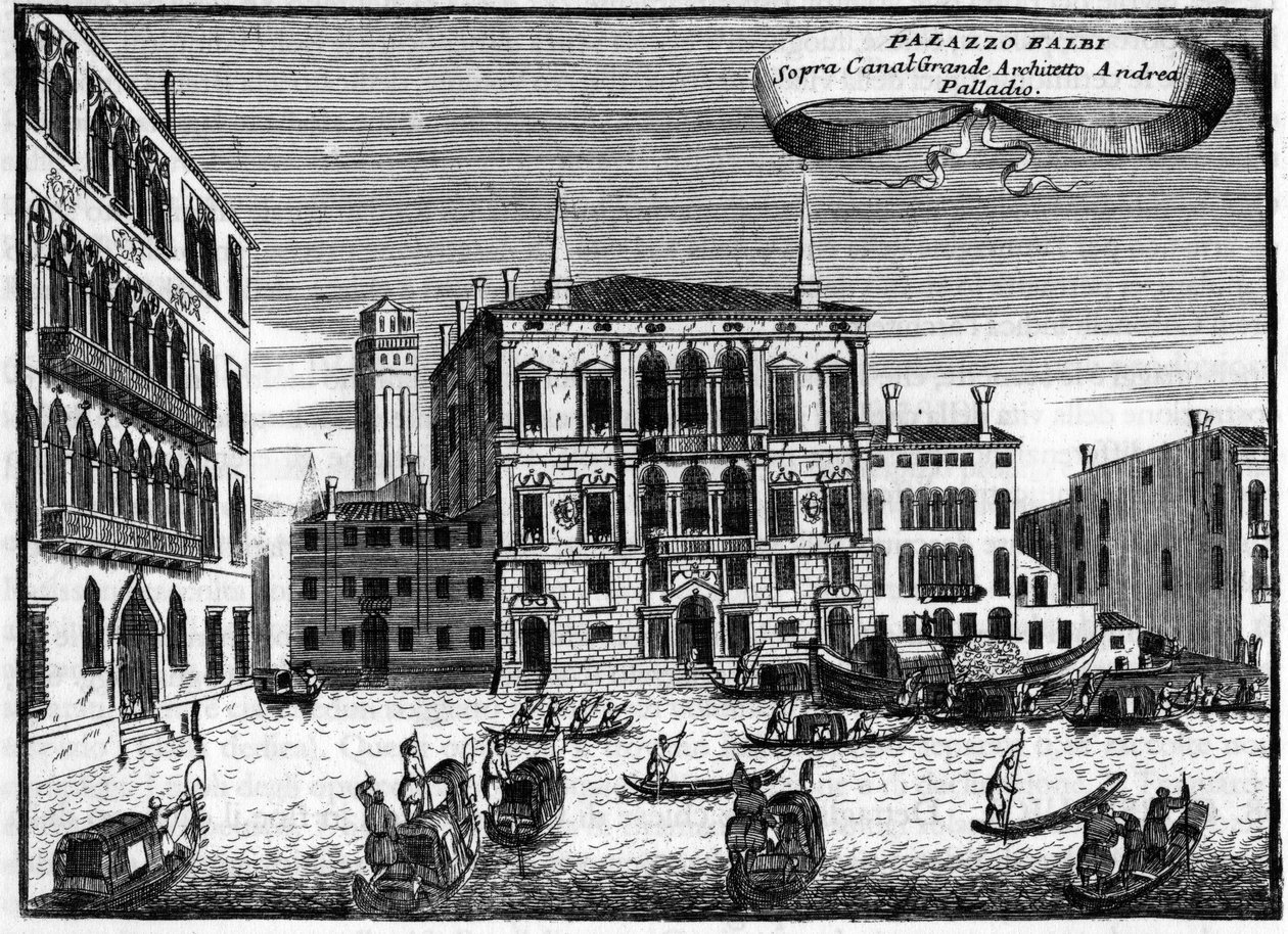 意大利威尼斯：Palazzo Balbi由建筑师Andrea Palladio在Vincenzo Coronelli（1650-1718）的《威尼斯的奇异性》中设计。 作者 文森佐·玛丽亚·科罗内利