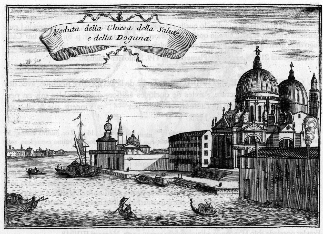 意大利，威尼斯。由建筑师Baldassare Longhena设计的Santa Maria della Salute教堂，以及海事海关。在文森佐-科罗内利（1650-1718）的 "Singolarita di Venezia "中。 作者 文森佐·玛丽亚·科罗内利