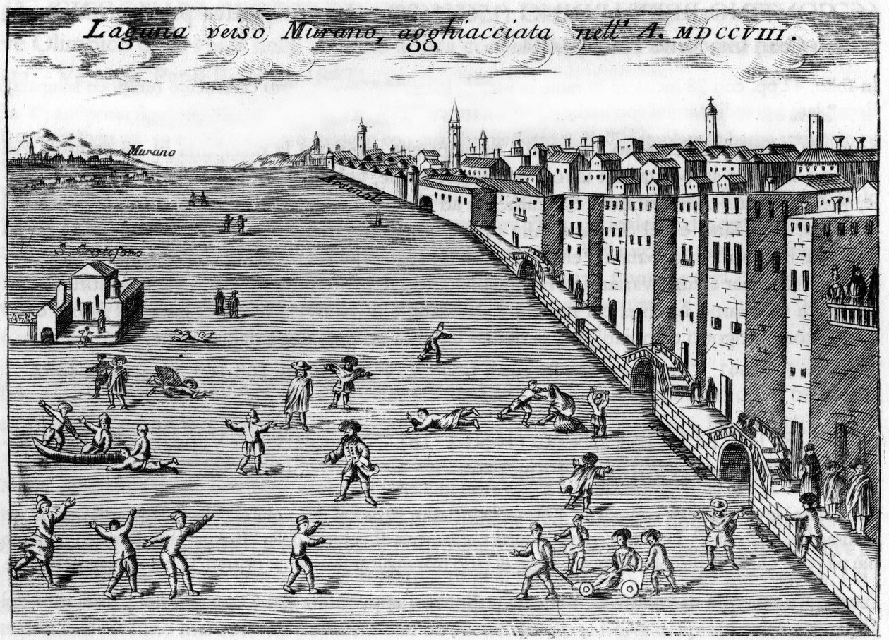 意大利，威尼斯。1708年文森佐-科罗内利（Vincenzo Coronelli，1650-1718）的 "Singolarita di Venezia "中，对穆拉诺冰的鲁格纳。 作者 文森佐·玛丽亚·科罗内利