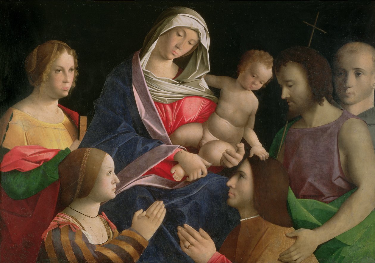 麦当娜和孩子与施洗者圣约翰、两位圣人和捐助者 作者 Vincenzo di Biagio（Catena 的追随者）