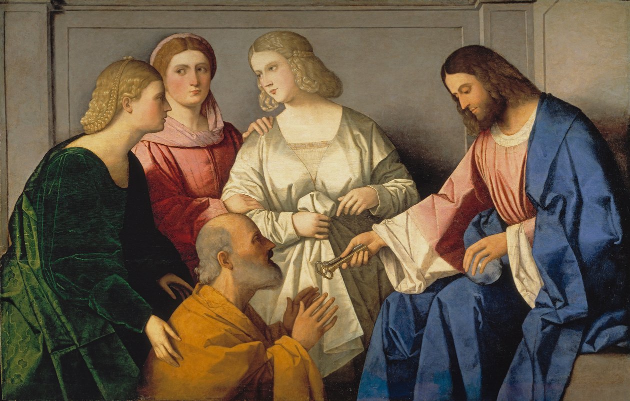 La Remise des clefs a Saint Pierre - Christ Giving the Keys to Saint Peter - Catena, Vincenzo di Biagio（约 1470-1531） - c. 1520 - 木头油画 - 86x135 - 马德里普拉多博物馆 作者 文森佐·迪比亚焦·卡特纳