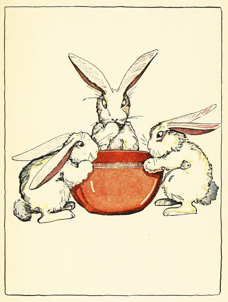 Flopsy、Mopsy 和 Cotton-Tail 晚餐吃的是面包、牛奶和黑莓，选自《彼得兔的故事》，1916 年出版（彩色石印本）。1916 年（彩色石印） 作者 弗吉尼亚阿尔伯特