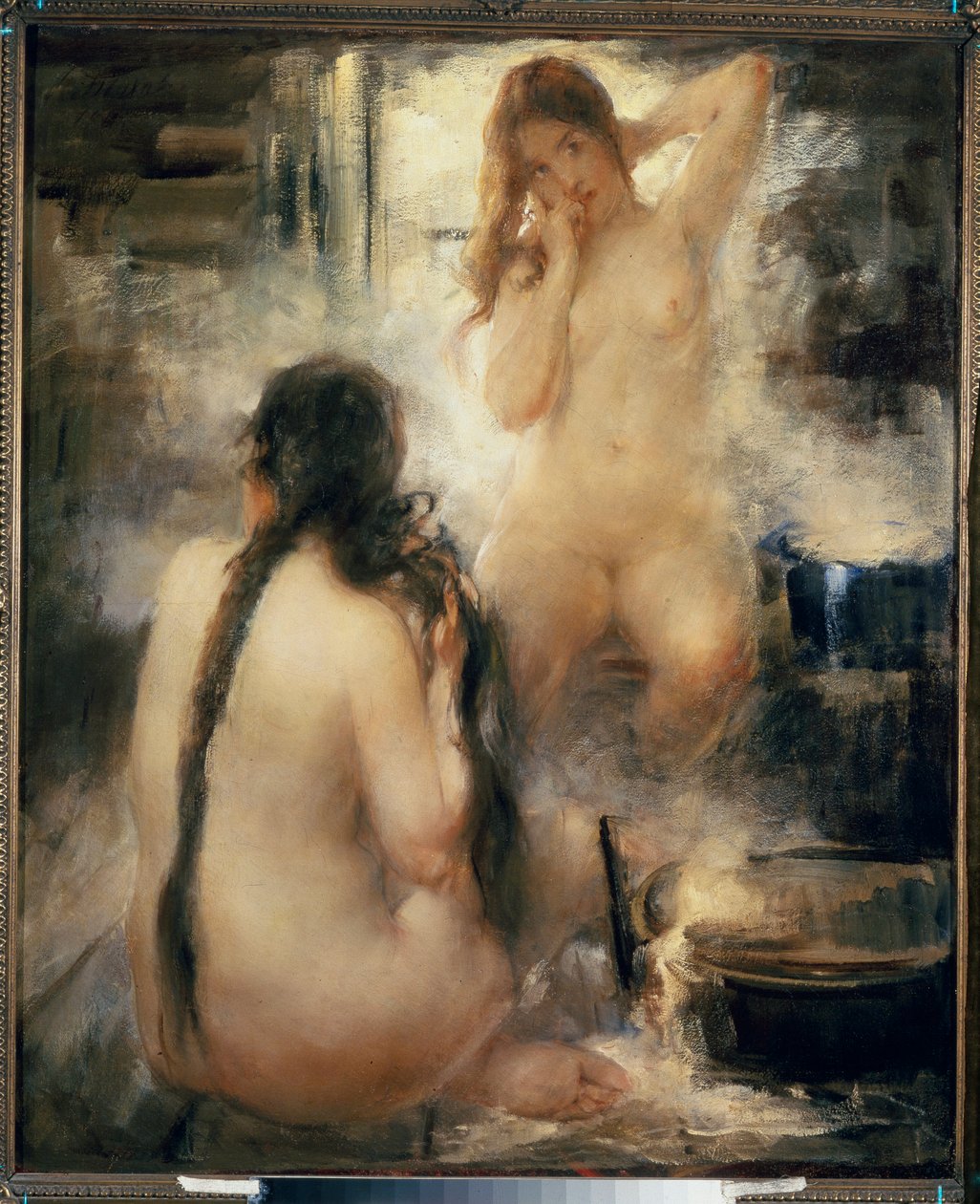 Dans un bain de vapeur (sauna) - 在蒸汽浴中 - 两名裸体年轻女子梳理头发，享受俄罗斯传统热疗的好处 - Vitali Gavrilovich Tikhov（1876-1939）的绘画，布面油画，20世纪初 - 俄罗斯艺术 - 收藏 作者 维塔利·格夫里洛维奇·季霍夫