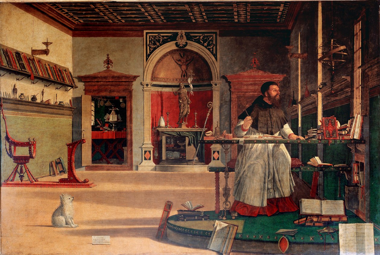 Saint Augustine in his office or “The vision of Saint Augustine” The eveque of Hippo is represented in a moment of great inspiration. Painting by Vittore Carpaccio (ca. 1460-1526) 1502-1507 Sun. 141x210 cm Venice, Scuola di San Giorgio degli Schiavoni 作者 维托雷·卡尔帕乔