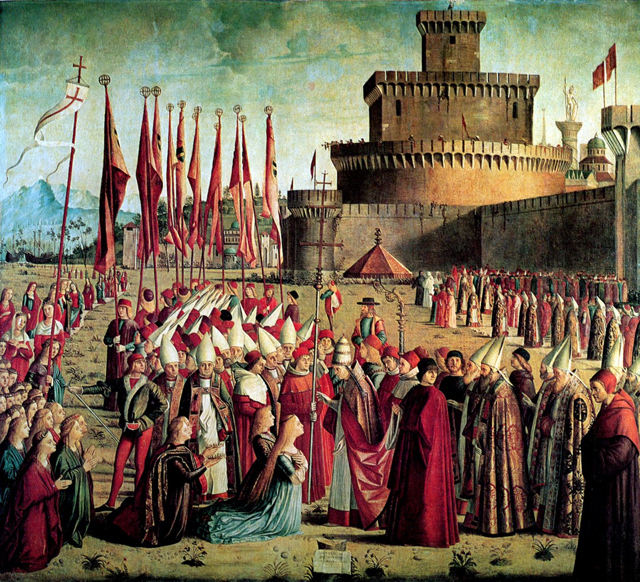 朝圣者在罗马城墙前与西里亚克斯教皇会面。圣厄休拉传说，1497年 作者 维托雷·卡尔帕乔