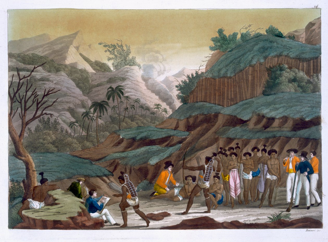 法国探险家与土着居民的第一次会议，Ombay岛，来自Jules Ferrario的&39;Le Costume Ancien et Moderne&39;的第14页，出版于1820年代至30年代 作者 维托里奥·雷纳里（Vittorio Raineri）