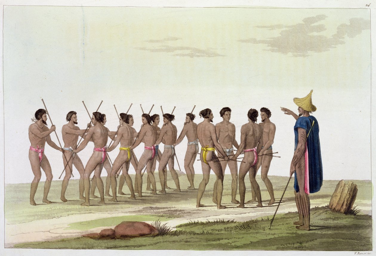 卡罗琳岛民的战争之舞，来自Jules Ferrario的&39;Le Costume Ancien et Moderne&39;的22号板块，出版于1820年代至30年代 作者 维托里奥·雷纳里（Vittorio Raineri）