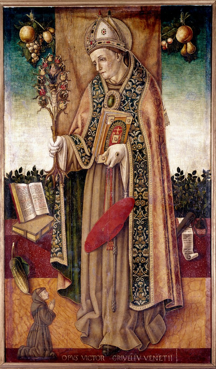 圣博纳文图拉（San bonaventura）手持救赎之树的形象 博纳文图拉-托洛梅是锡耶纳的一名多明我会士，1348年死于瘟疫" 维托雷-克里维利（1440-1502）的绘画 16世纪 巴黎，雅克马尔博物馆 安德烈 作者 维托里奥·克里维利（Vittorio Crivelli）