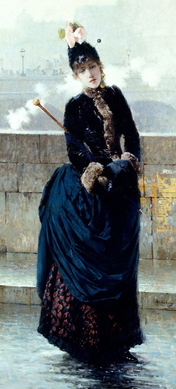 巴黎桥上的女士 by Vittorio Matteo Corcos (1859-1933)，布面油画 作者 维托里奥·马特奥·科科斯（Vittorio Matteo Corcos）