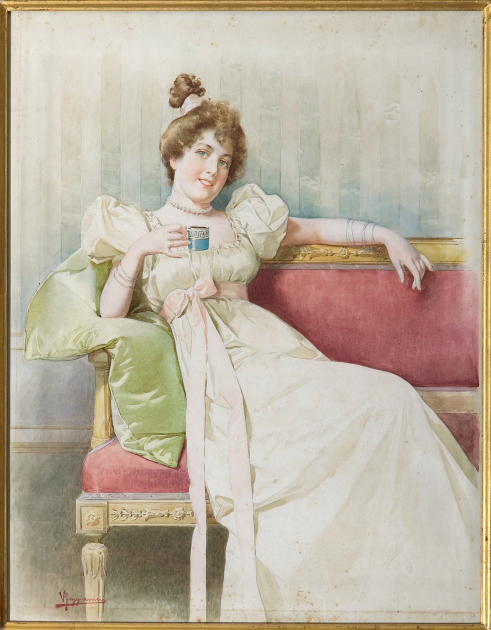沙发上的女士（纸上水彩画） 作者 维托里奥·雷吉亚尼（Vittorio Reggianini）