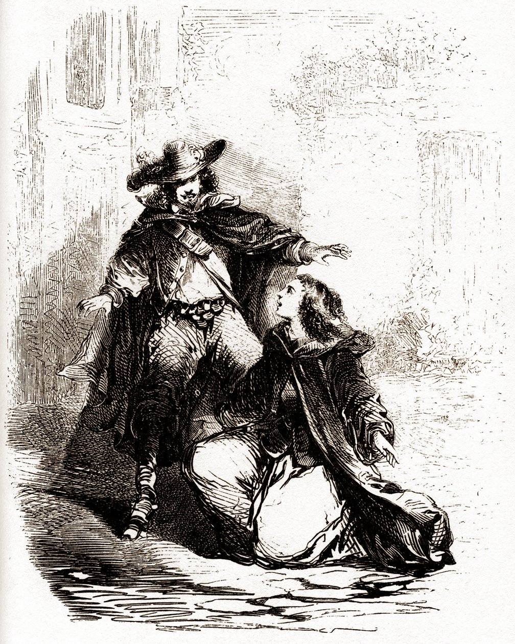 达达尼昂追赶康斯坦丝-博纳歇（Constance Bonacieux），康斯坦丝跪倒在地 作者 维旺（之后）博斯