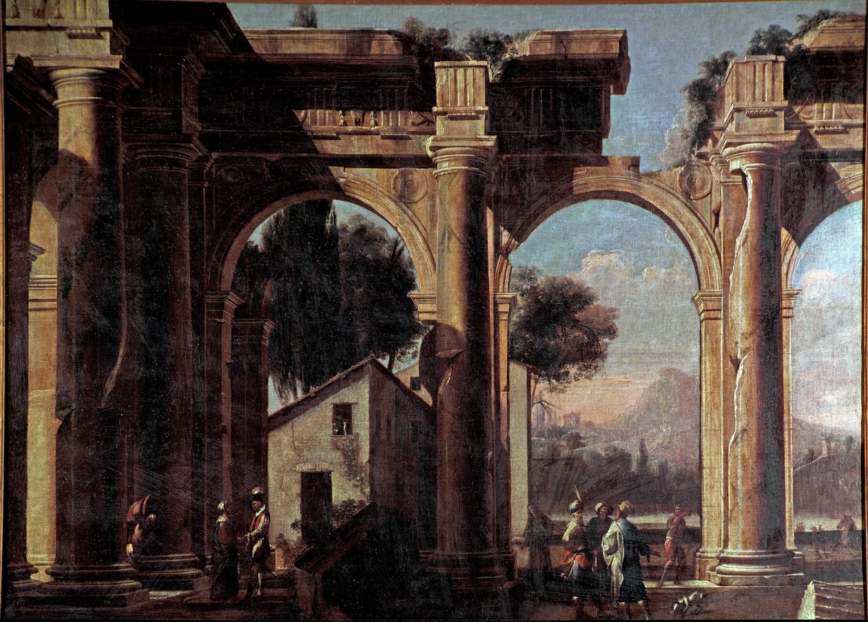 带有废墟的风景画 维维亚诺-科达齐(1604-1670)的画作 17世纪 Dim 100x132 cm 威尼斯，Correr博物馆，n 1037 作者 维维亚诺·科达齐（Viviano Codazzi）