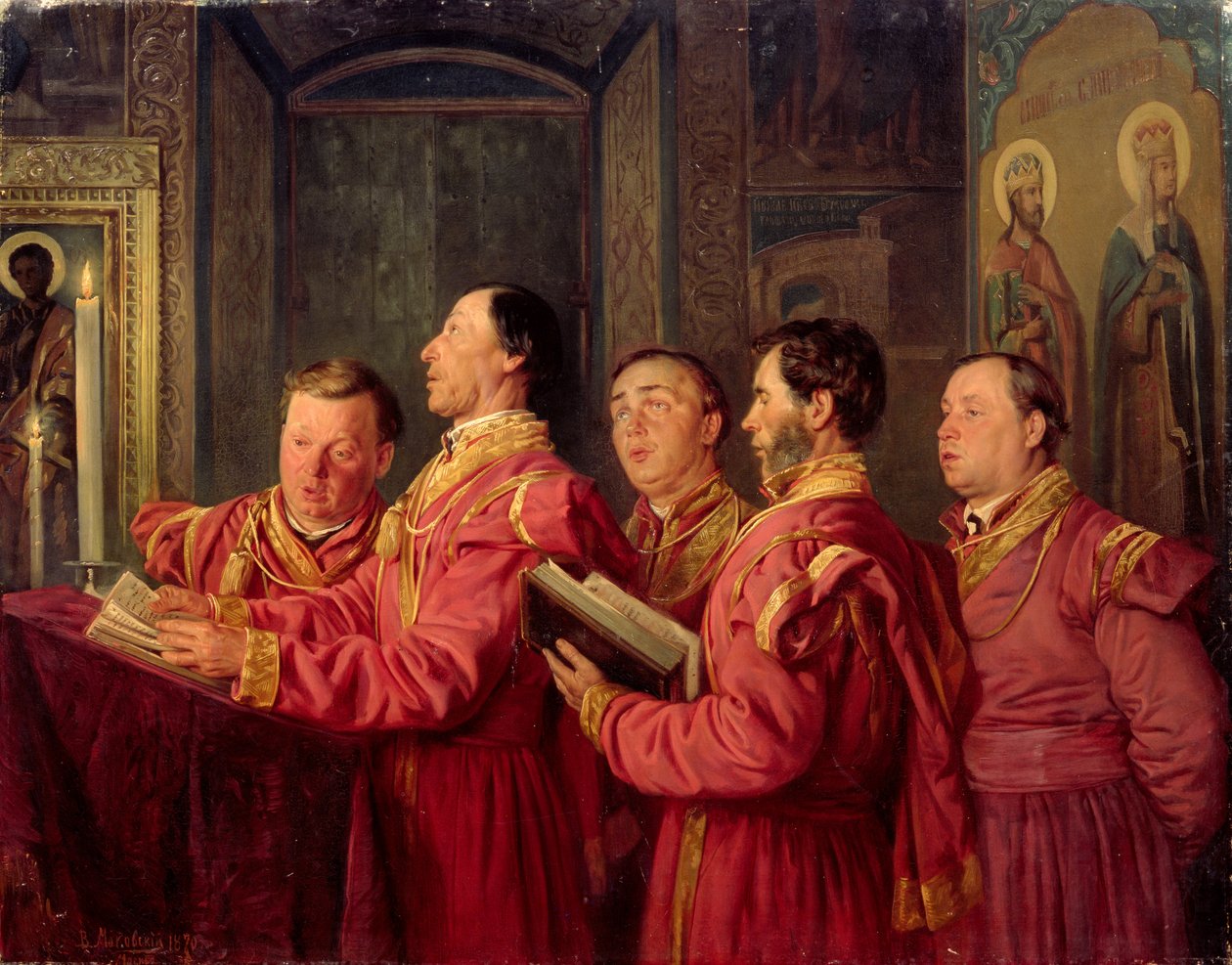 教会中的合唱团，1870年 作者 弗拉基米尔·埃戈罗维奇·马科夫斯基