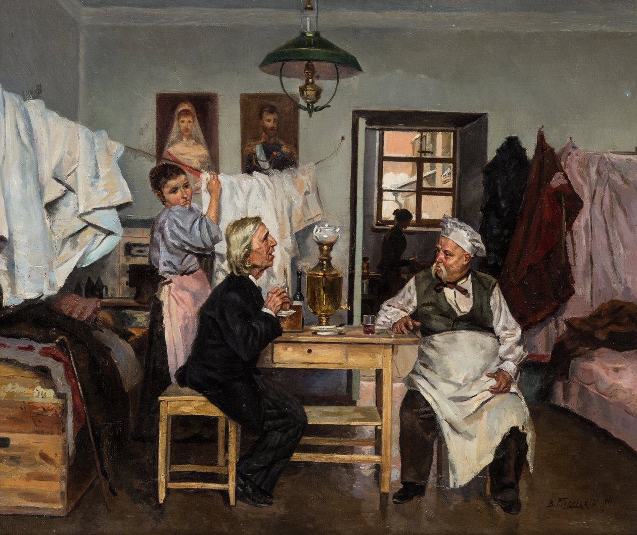 马科夫斯基(Vladimir Yegorovich)(1846-1920)创作的《在茶馆》。布面油画 作者 弗拉基米尔·埃戈罗维奇·马科夫斯基