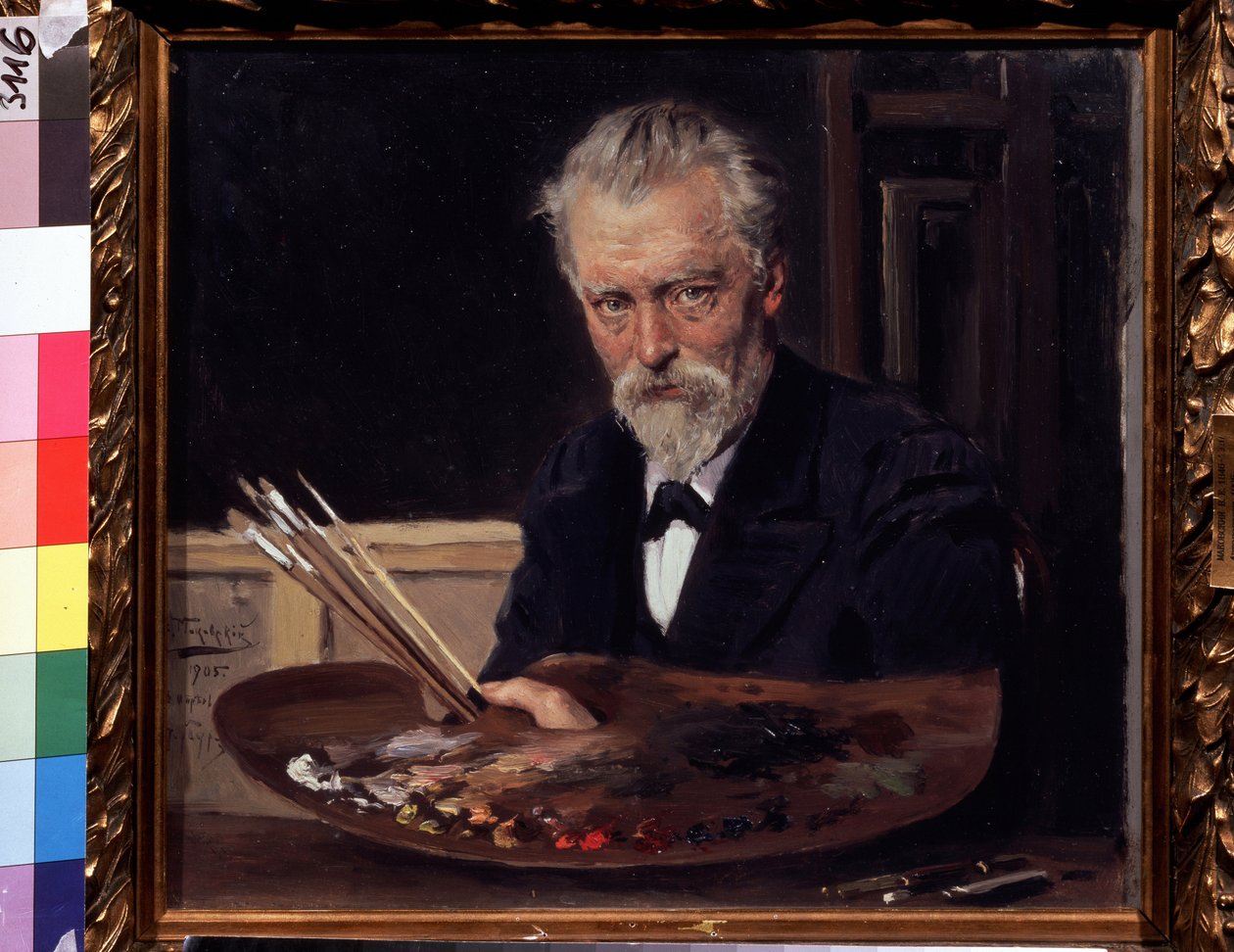 自画像。弗拉基米尔-叶戈罗维奇-马科夫斯基（马科夫斯基，Makovsky）（1846-1920 年）的绘画，纸上水彩 作者 弗拉基米尔·埃戈罗维奇·马科夫斯基