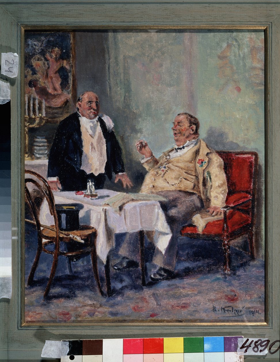 餐厅里。用餐结束后，一位肥胖而满意的男子在纽扣眼里插着一朵花，向服务员表示祝贺。弗拉基米尔-叶戈罗维奇-马科夫斯基（马科夫斯基，Makovskij）（1846-1920 年）的画作，布面油画 作者 弗拉基米尔·埃戈罗维奇·马科夫斯基