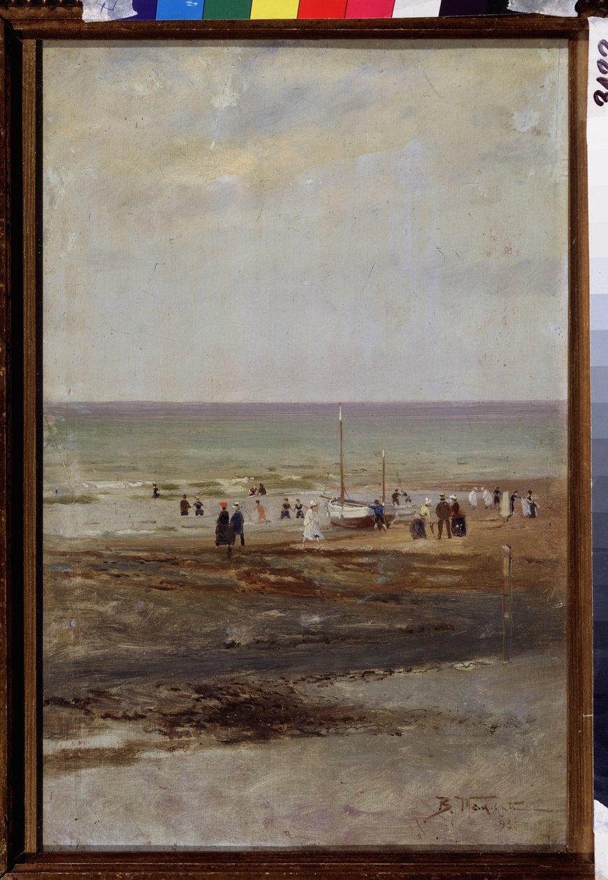 Sur la plage（海滩上）。弗拉基米尔-叶戈罗维奇-马科夫斯基（马科夫斯基，Makovsky）（1846-1920 年）的画作，纸上水彩 作者 弗拉基米尔·埃戈罗维奇·马科夫斯基