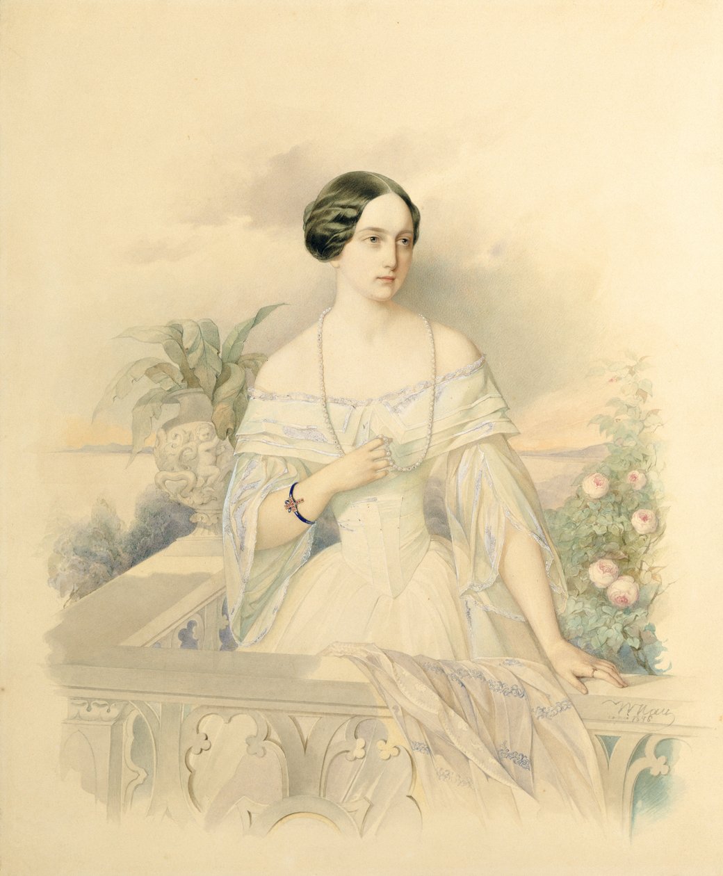 大公夫人奥尔加·尼古拉耶夫娜的肖像，1846年（纸板上的wc） 作者 弗拉基米尔·伊万诺维奇·豪