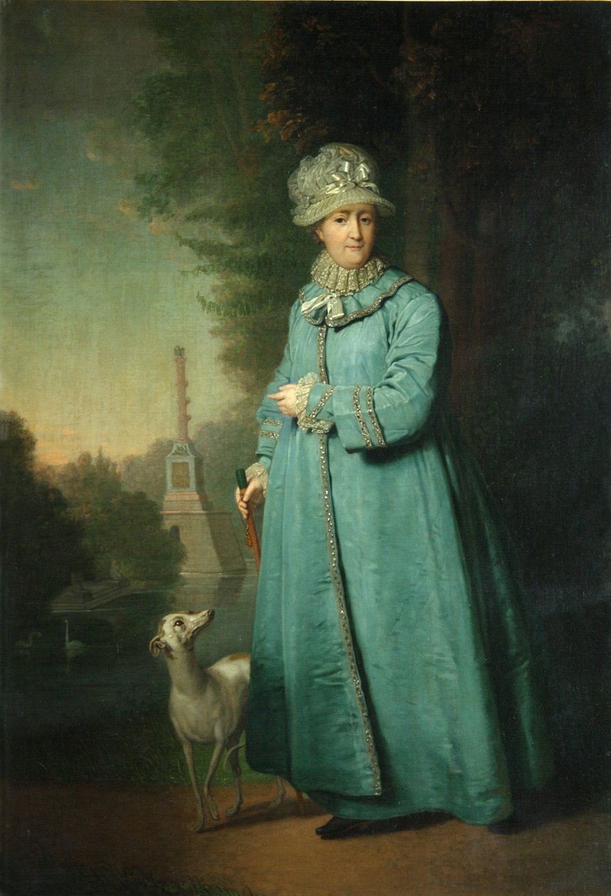 凯瑟琳二世（Catherine II）在Tsarskoye Selo的公园漫步，背景为Chesme Column，1794 作者 弗拉基米尔·卢基希·波罗维科夫斯基