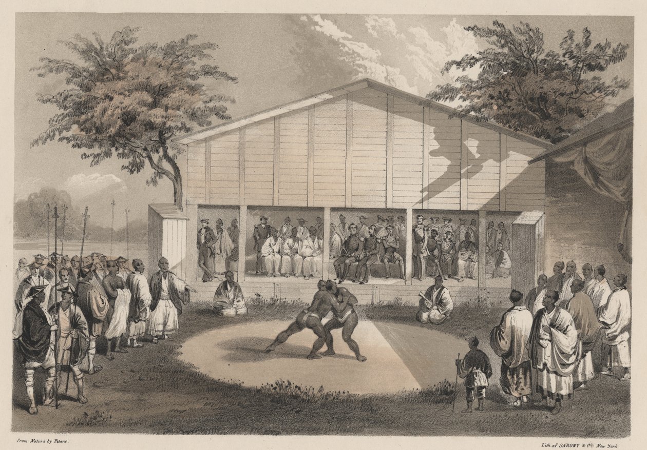 Yokuhama的摔跤手，由Sarony and Co.制作的版画，1855年（chromolitho） 作者 彼得斯