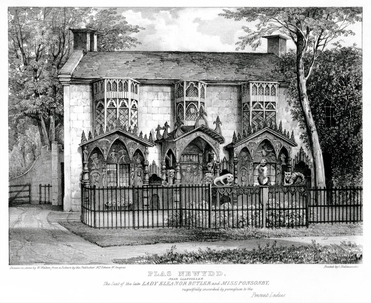 位于Llangollen附近的Plas Newydd，已故女士埃莉诺·巴特勒（1745-1829）和莎拉·庞森比小姐（1831年），由Charles Joseph Hullmandel（1789-1850）撰写 作者 W.后沃尔顿