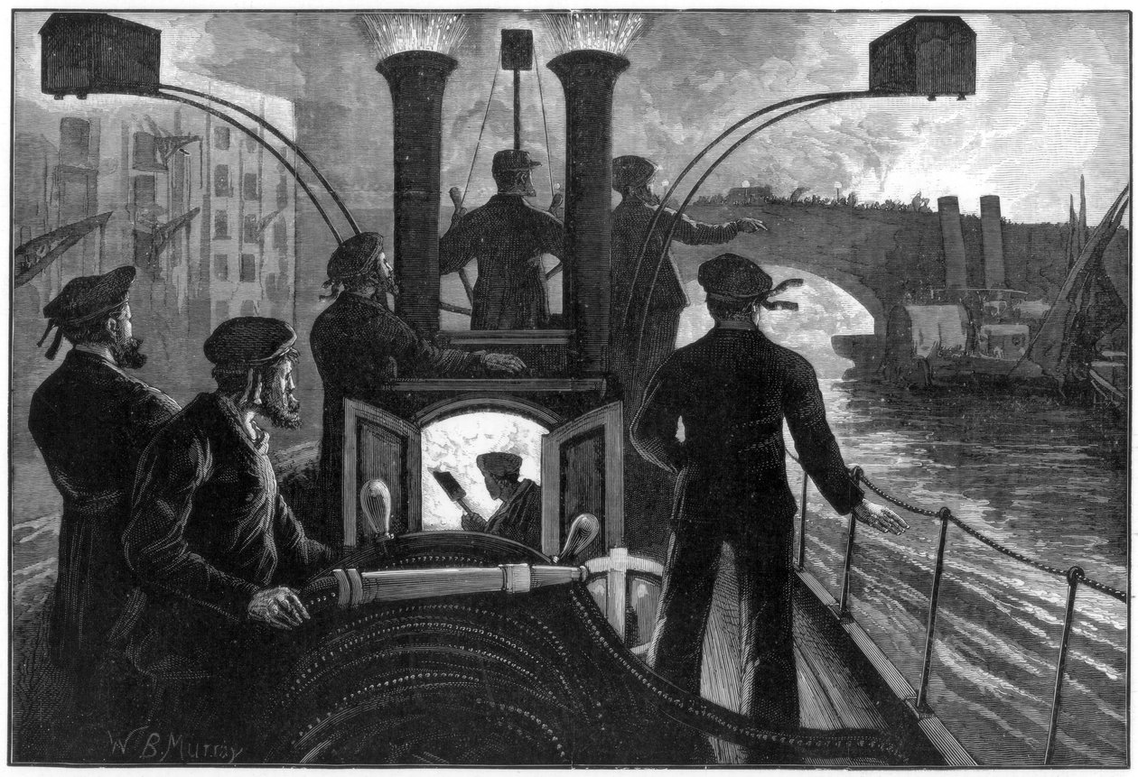 前往河边灭火的蒸汽消防车，伦敦消防队，1890年。 作者 WB默里