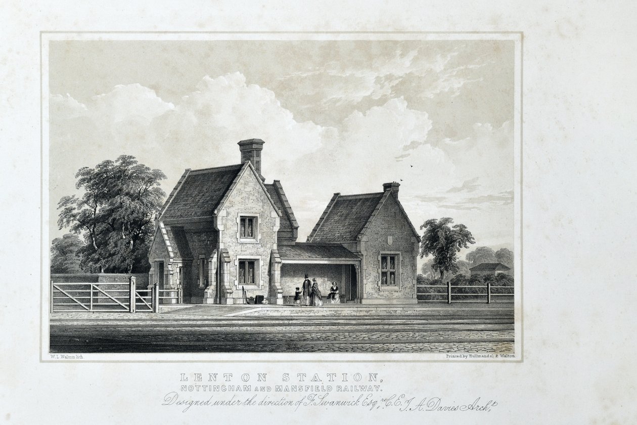 诺丁汉和曼斯菲尔德铁路伦顿站，c.1848（纸上有色石版画） 作者 WL沃尔顿