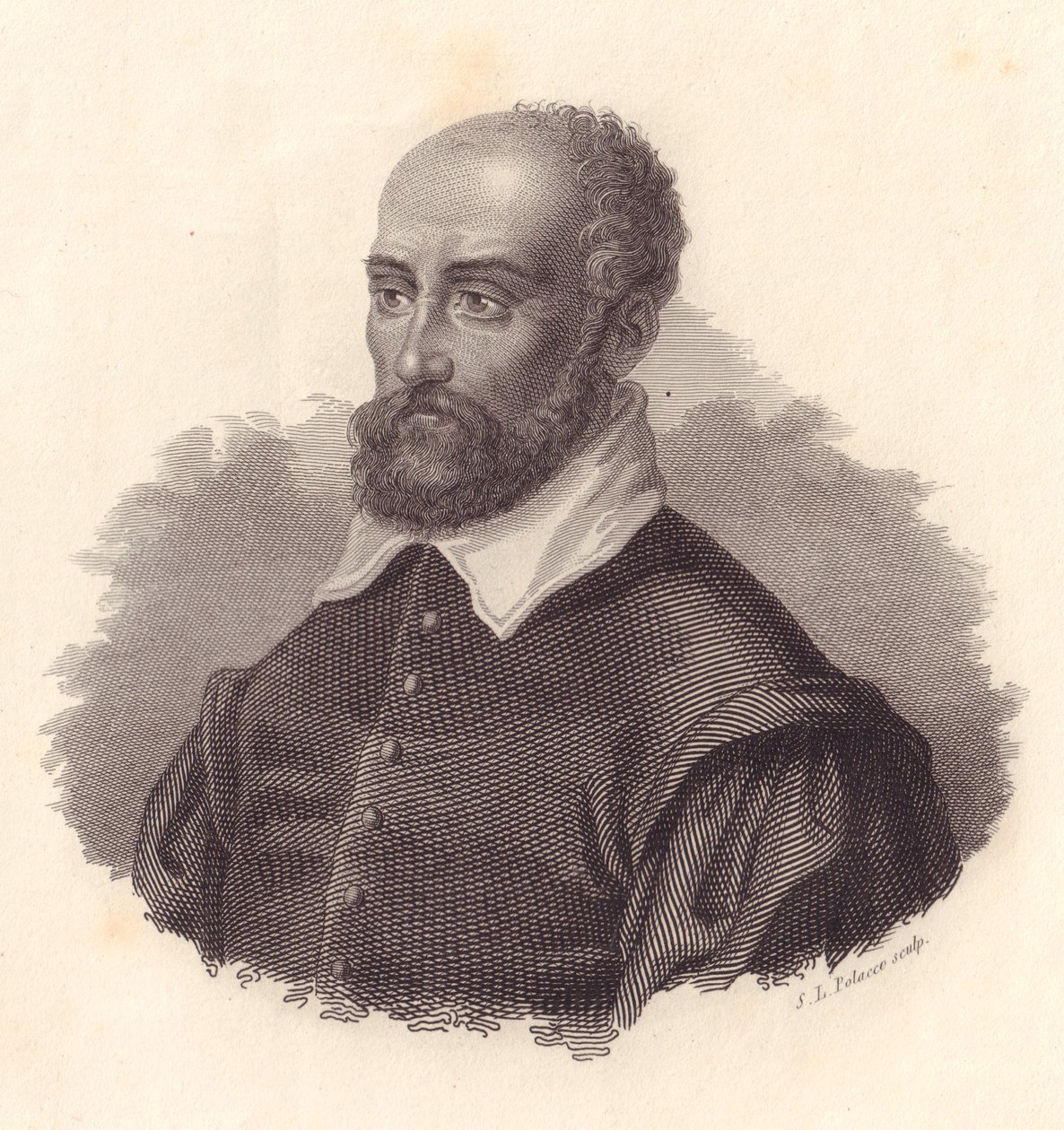 意大利建筑师安德烈-帕拉迪奥（Andrea di Pietro）的笔名（1508-1580）的画像，铜版画 作者 WG（后）塞耶