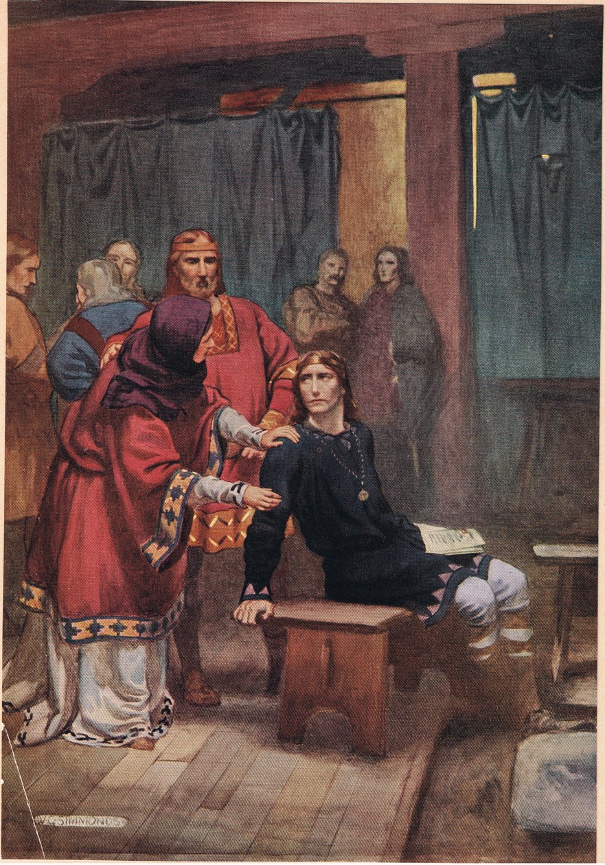 女王试图安慰哈姆雷特，来自威廉·莎士比亚的“哈姆雷特”，由Hodder und Stoughton于1915年出版。 作者 普通股Simmonds