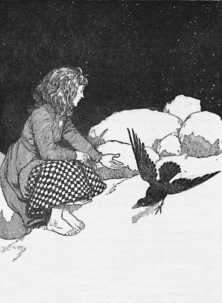 突然，一只大乌鸦在她面前跳上雪，c1930 作者 威廉·希思·罗宾逊