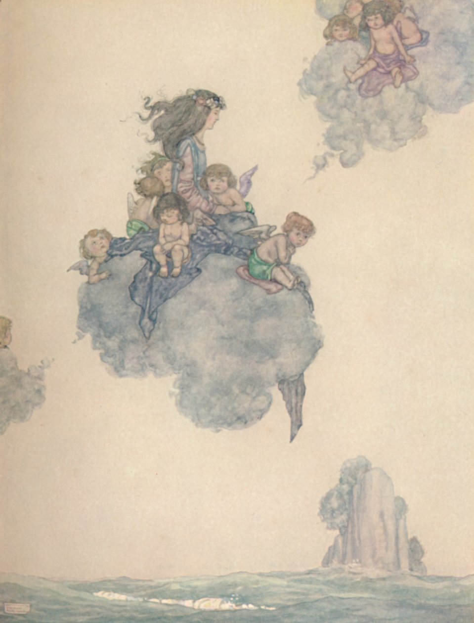 带着其余的空气孩子，在玫瑰色的云层上高高耸立，c1930 作者 威廉·希思·罗宾逊