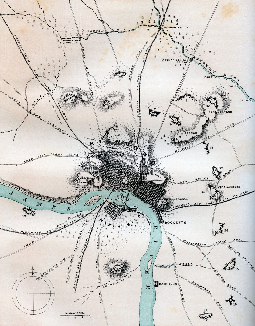 里士满及其附近地区的地图显示了所有的炮台，1862-1867年。 作者 肯布尔