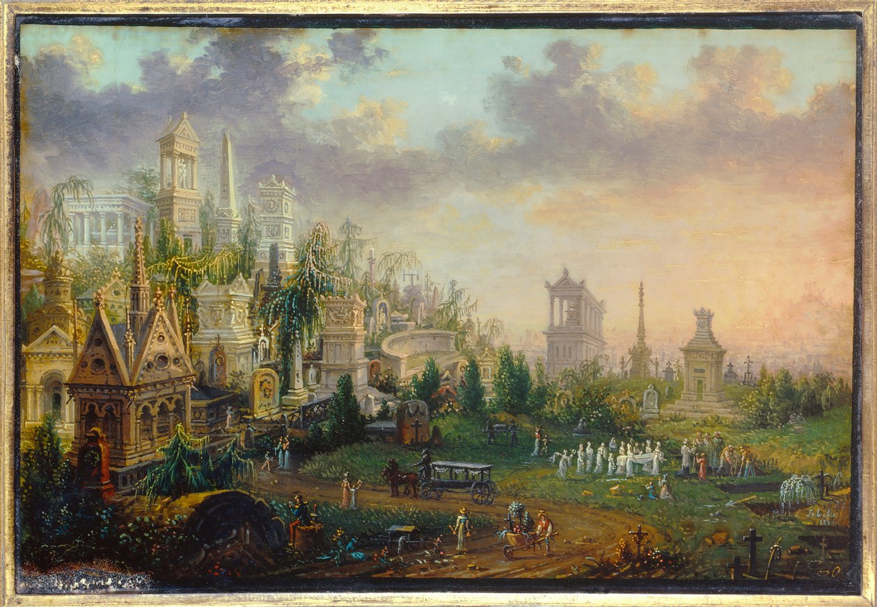 Le cemtiere du Pere lachaise à Paris 莱贝莱（19 世纪）的绘画作品 1835 年 Sun.0,16x0,12 m 巴黎，卡纳瓦罗博物馆 作者 W勒贝尔