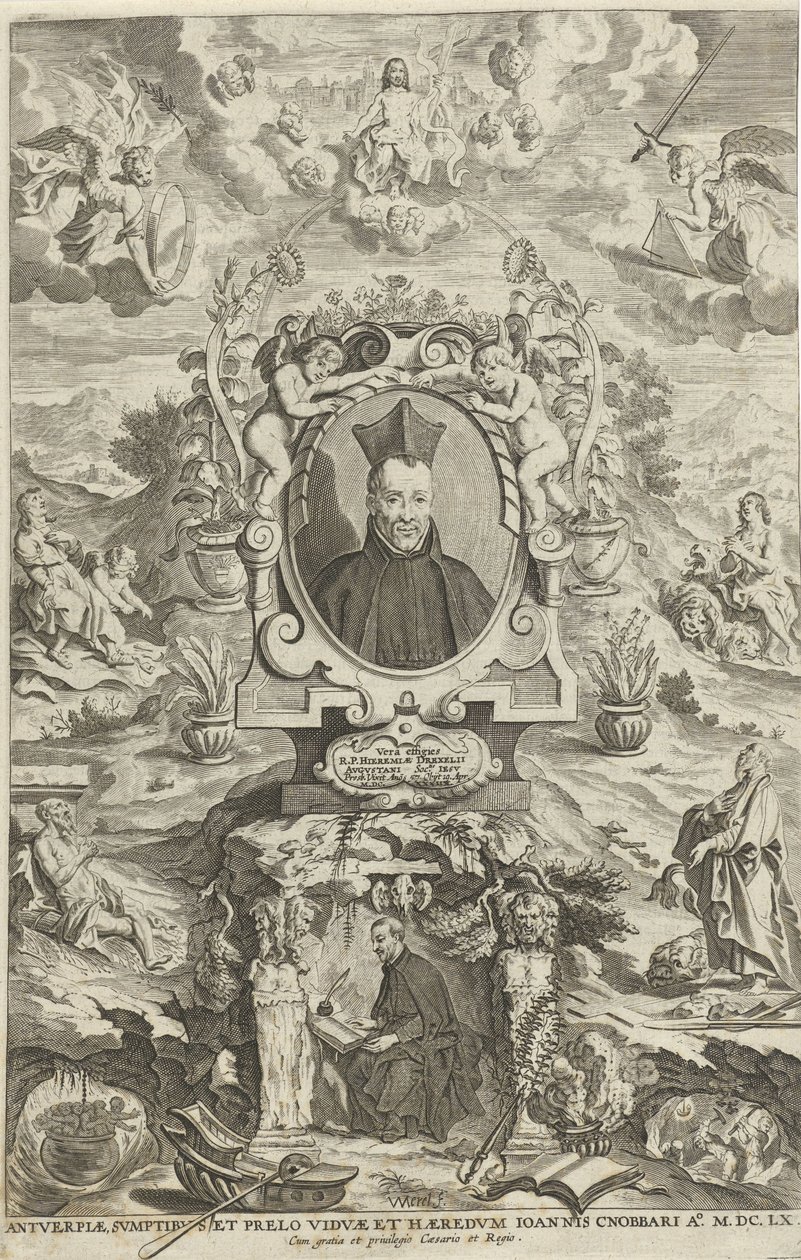 杰雷米亚斯-德雷克塞尔肖像
扉页：J. Drexel, De sonne-bloeme oft Vande over-een-cominge van den menscheliicken wille met de[n] godtliicke[n]，1660 年 作者 W梅雷尔面包车