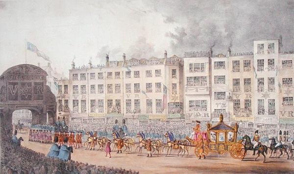 1837年维多利亚女王访问伦敦市时的圣殿酒吧景观 作者 西布朗