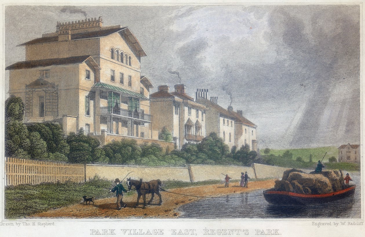1829年，伦敦东区公园村摄政运河上的马匹拖着驳船。 作者 拉德克利夫
