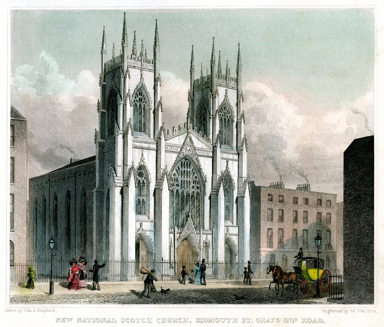 新国家苏格兰教堂，西德茅斯街和格雷斯旅馆路，伦敦，1829年。 作者 沃特金斯