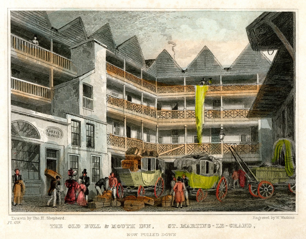 伦敦市圣马丁大教堂的老牛口旅馆，1831年。 作者 沃特金斯