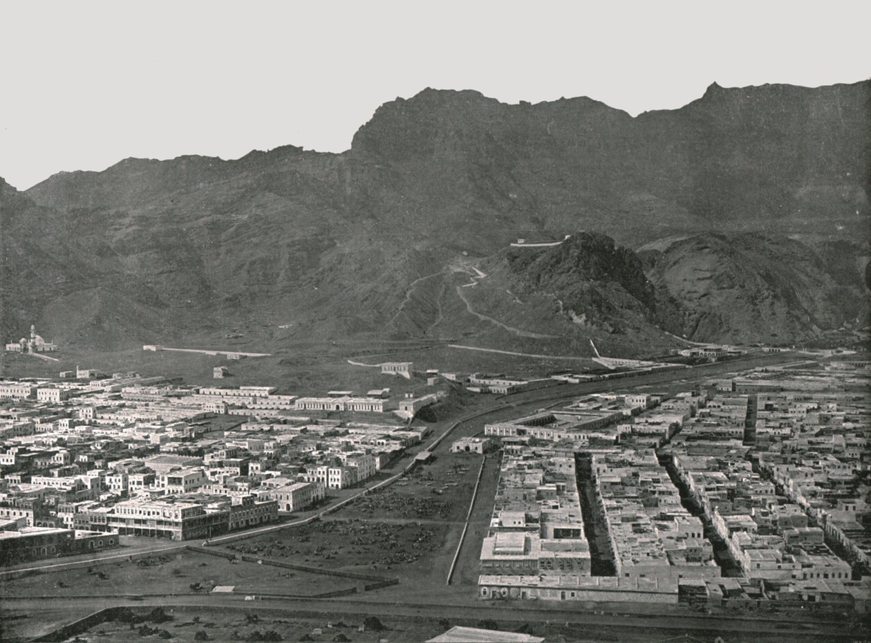 展示骆驼市场的全景，亚丁，1895年。 作者 W和S有限公司