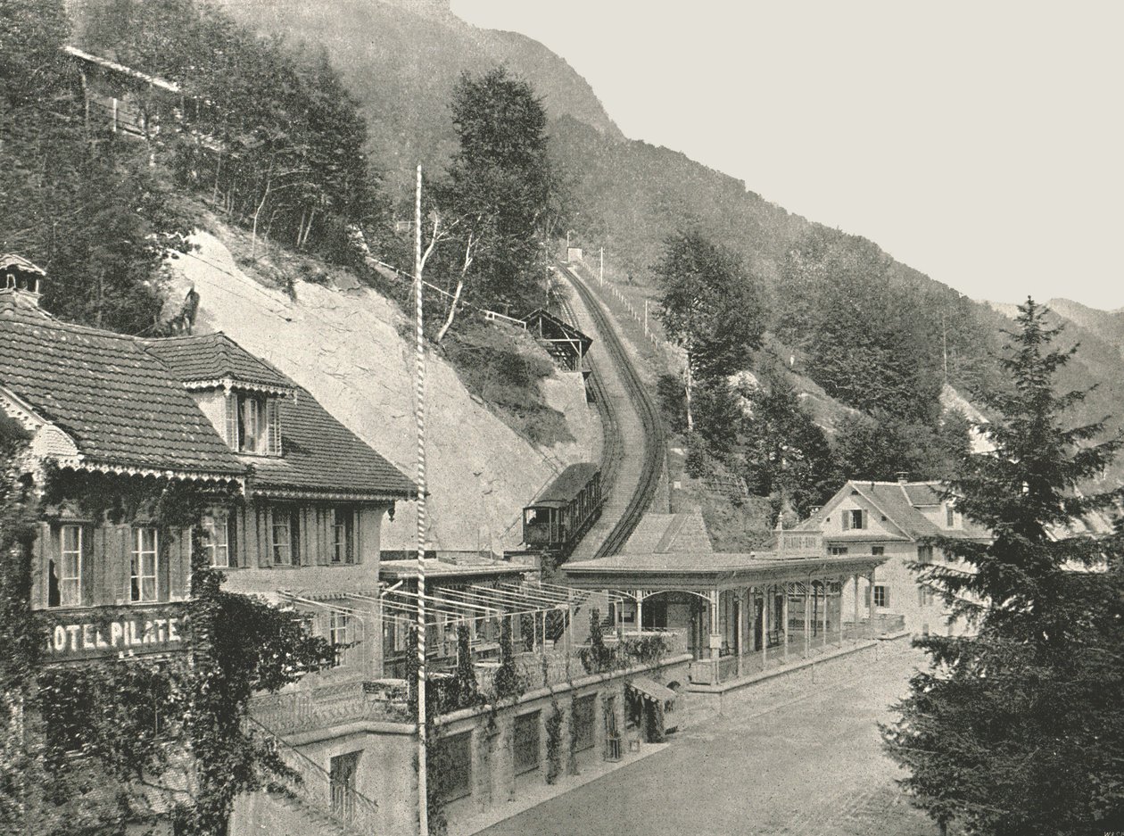 皮拉图斯铁路的起点，瑞士阿尔普纳斯塔德，1895年。 作者 W和S有限公司