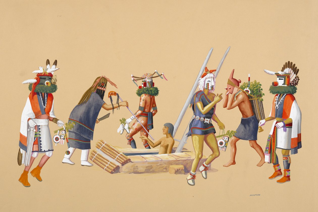 Powamu Ceremony，1930-40（浅黄色织物纸上的蛋彩画） 作者 沃尔多·莫茨卡（Waldo Mootzka）