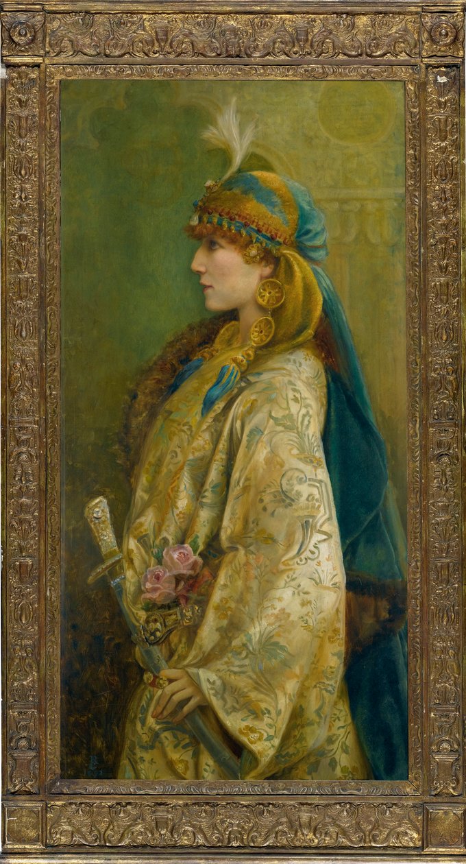 莎拉·伯恩哈特 (Sarah Bernhardt) 在沃尔福德·格雷厄姆 (Walford Graham) 罗伯逊 (1867-1948) 的《艾德里安·勒库弗勒》中饰演罗克珊娜 (Roxanna) 的肖像。 布面油画，尺寸：122x61 作者 沃尔福德·格雷厄姆·罗伯逊