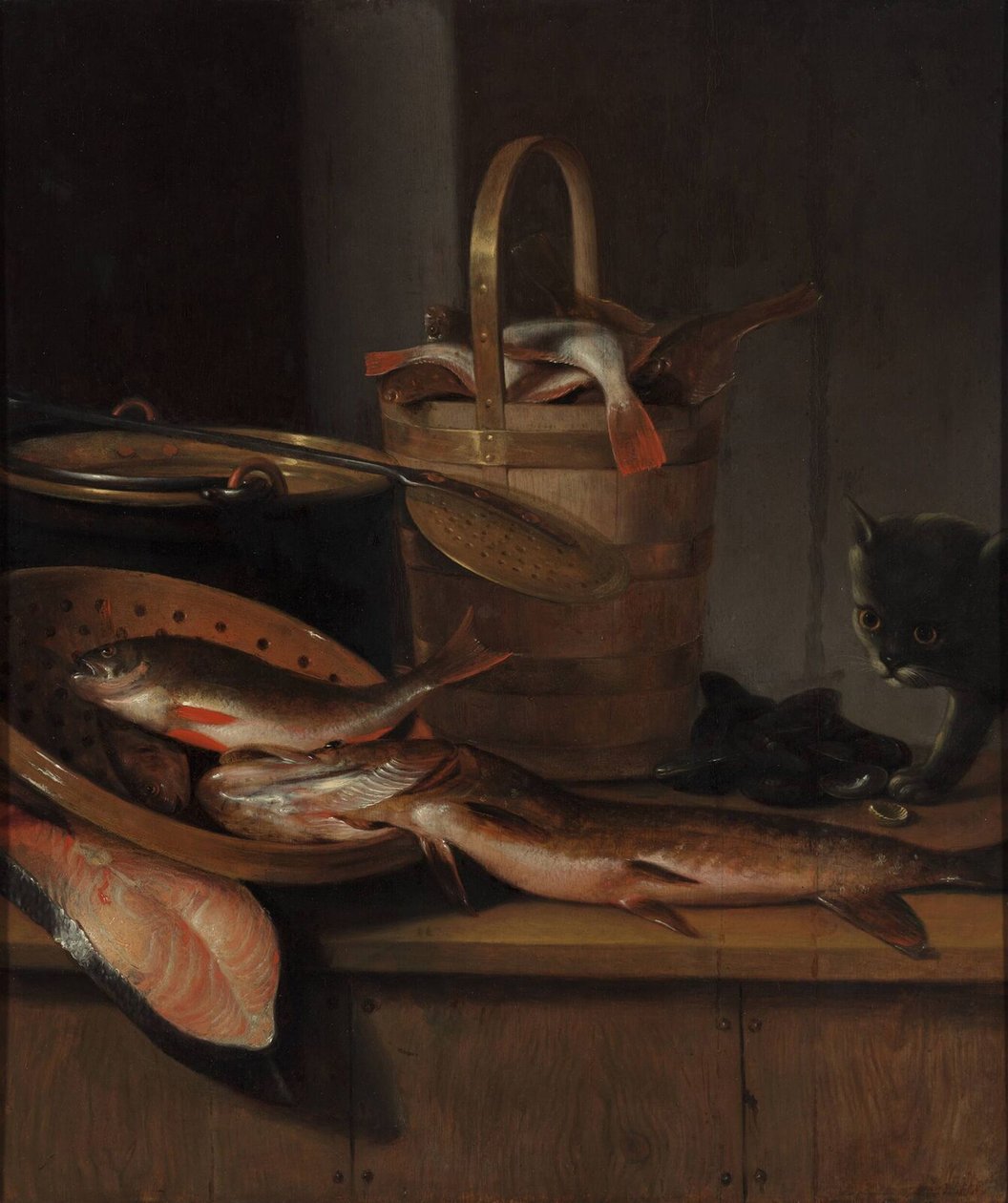 鱼和猫的静物，c。 1650-1660年 作者 沃勒特威能